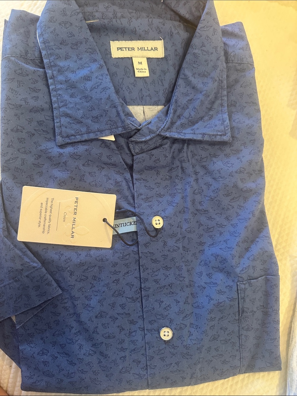 Peter Millar Navy Blue Micro-Print Cotton Button-Up Shirt short sleeve